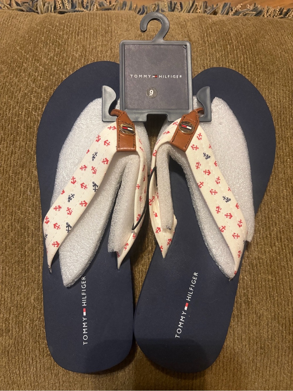 New Tommy Hilfiger Navy Blue & Cream Anchor Print Flip Flops